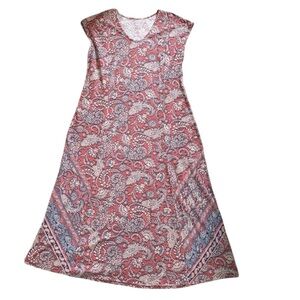 NWOT J. Jill Pure Jill Pink Border Print Maxi Dress Size M | Boho Cotton V-Neck